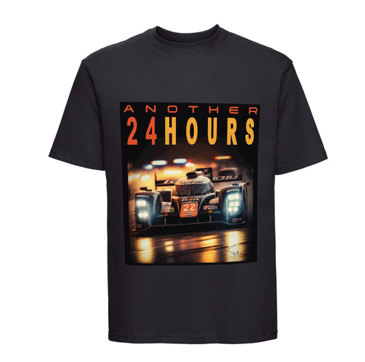 Another 24 Hours T Shirt in Black. Poster style artwork of fantasy sports car in Le Mans original artwork by Steve Lewis exclusive to Track Limits. Track Limits trademark sits below the artwork to the left