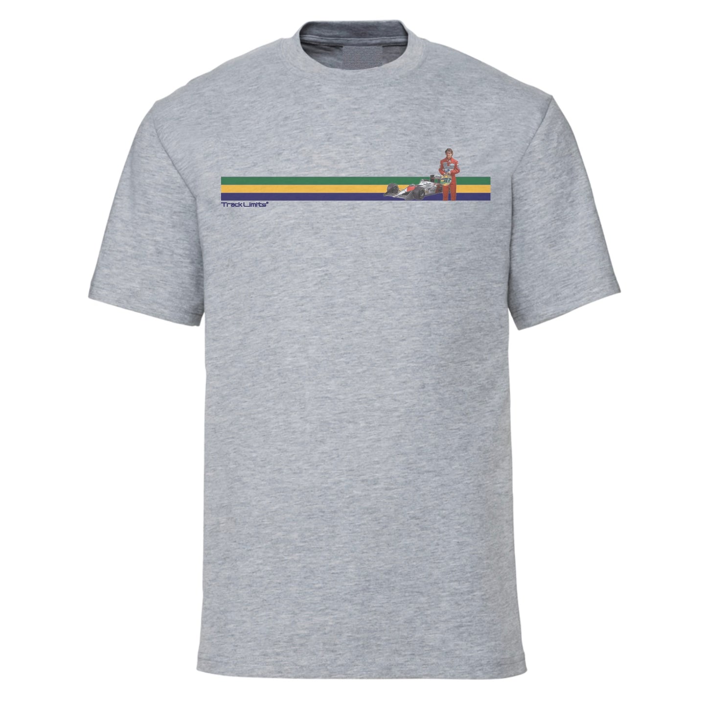 Ayrton Senna T Shirt in Grey. Features the Brazilian stripe colours across the chest and to the left vintage style artwork inspired by Ayrton Senna and his F1 racing career. Track Limits trademark sits below the stripe to the left