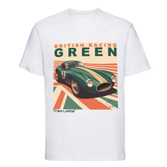 British Racing Green T Shirt in White. Poster style artwork of fantasy sports car original artwork by Steve Lewis exclusive to Track Limits. Track Limits trademark sits below the artwork to the left