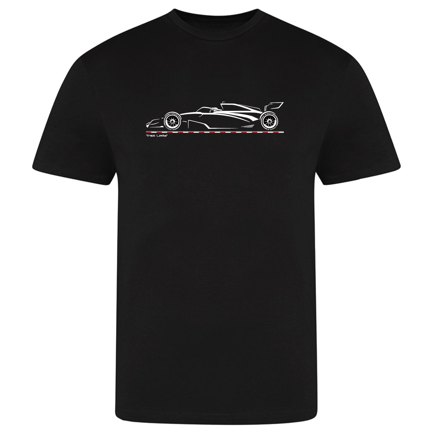 Track Limits T Shirt in black. On the Front is a simple stylish graphic design featuring a F1 Formula One style car. F1 Fan, Track Limits, Grand Prix, Fathers Day, Dad, F1 fan gift. motor racing,