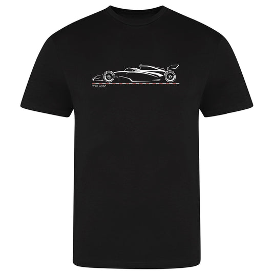 Track Limits T Shirt in black. On the Front is a simple stylish graphic design featuring a F1 Formula One style car. F1 Fan, Track Limits, Grand Prix,  Fathers Day, Dad, F1 fan gift. motor racing,