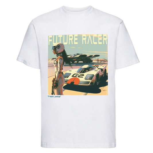 Future Racer T Shirt in White. Poster style artwork of fantasy sports car original artwork by Steve Lewis exclusive to Track Limits. Track Limits trademark sits above the artwork to the left