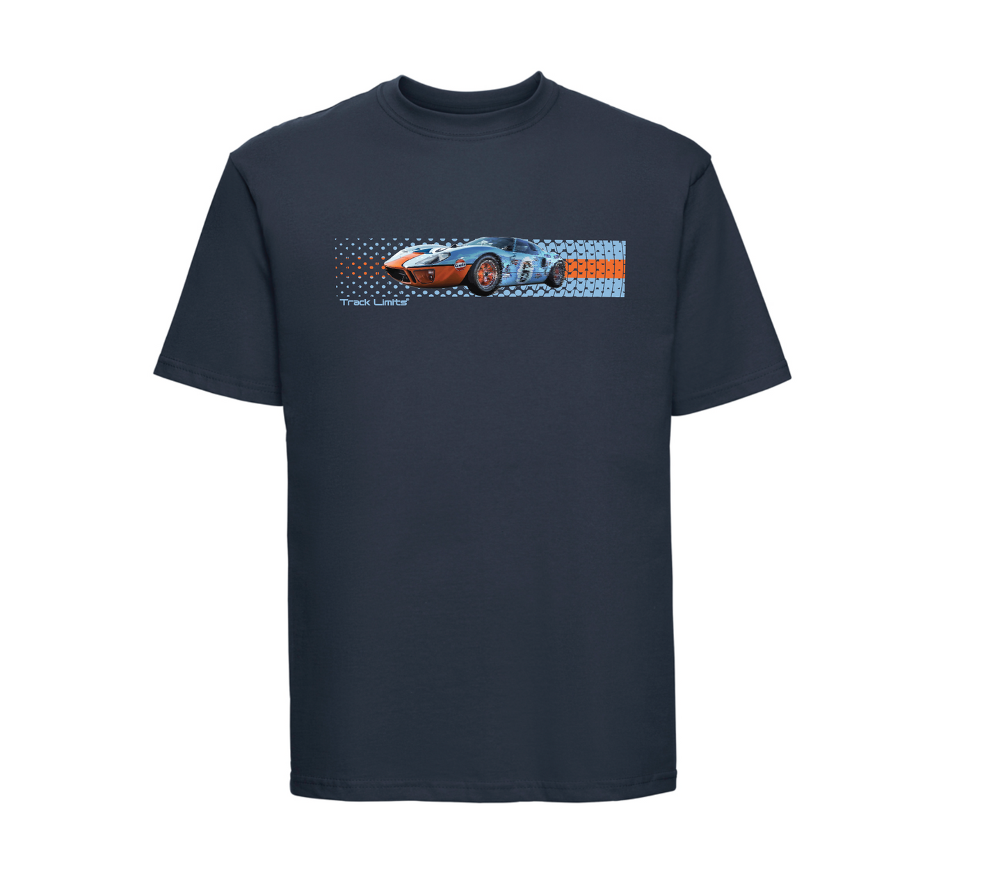 T Shirt in Navy Blue. Features original artwork of the Gulf Livery GT40 with Gulf stripe colours across the chest. Le Mans 24hours. Track Limits.