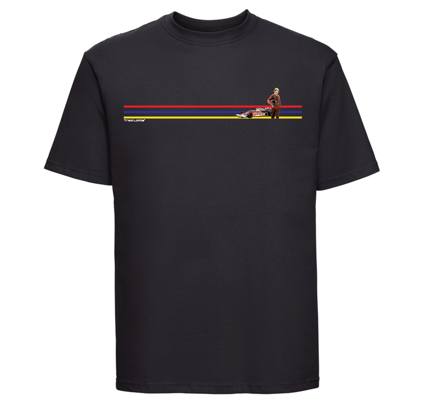 James Hunt T Shirt in Black. Features the Wellington college red blue yellow stripes colours across the chest and to the left vintage style artwork inspired by James Hunt and his F1 1970s career. Track Limits trademark sits below the yellow stripe to the left