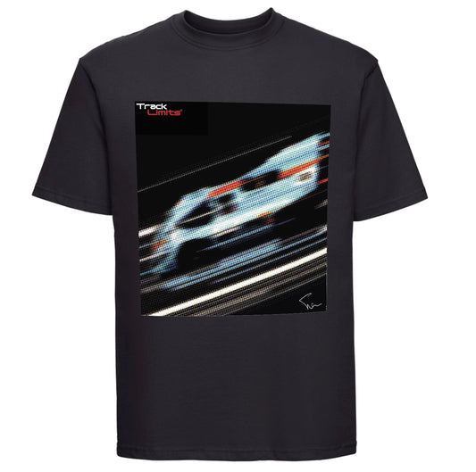 Le Mans 917 blurred image T Shirt in Black. original artwork by Steve Lewis exclusive to Track Limits. Track Limits trademark sits above the artwork to the left. Motor Racing, Motor Sports, Le Mans 24 Hours, Gulf Porsche 917 car fan Dad gift
