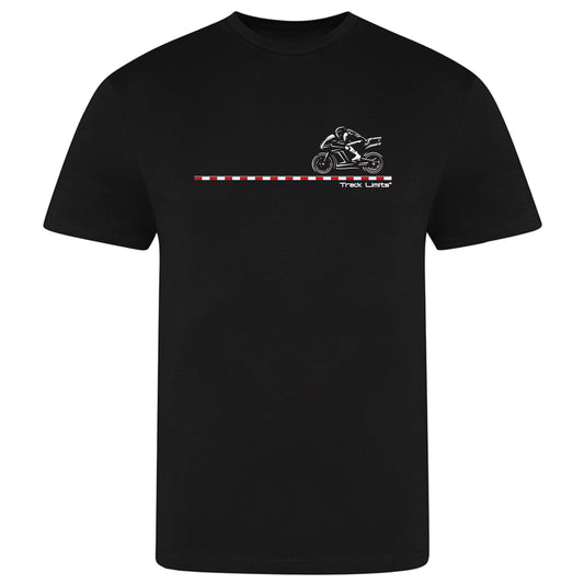 Track Limits T Shirt in black. On the Front is a simple stylish graphic design featuring a Mot GP style Bike. Moto GP fan, Track Limits, Grand Prix,  Fathers Day, Dad, Motorbike fan gift. motor racing