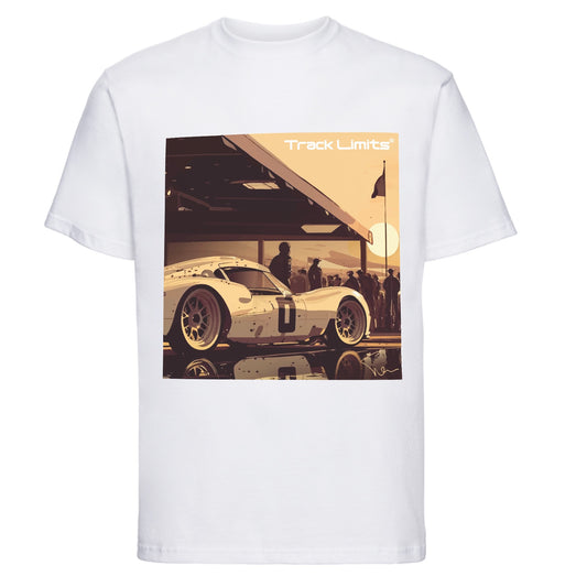 Number 1 Waits T Shirt in White. Poster style artwork of fantasy sports car original artwork by Steve Lewis exclusive to Track Limits. Track Limits trademark sits above the artwork to the right