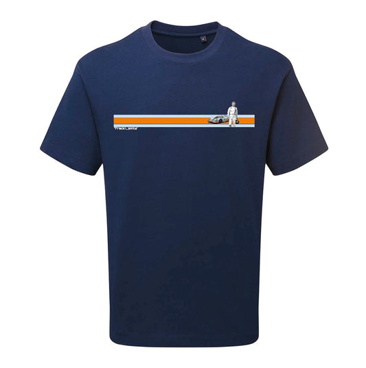 Steve McQueen T Shirt in Navy Blue. Features the Gulf stripe colours across the chest and to the left vintage style artwork inspired by the 1971 Steve McQueen Film Le Mans. Track Limits trademark sits below the gulf stripe to the left