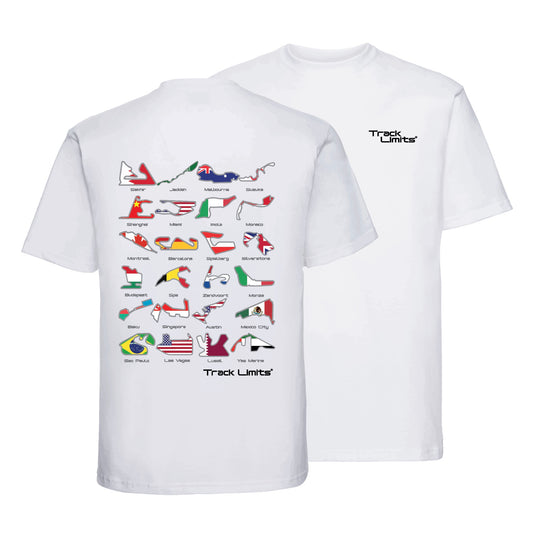 Track Limits T Shirt in white. On back all 2024 F1 Formula One racetrack circuits with country flags and names. Front Track Limits logo to left. Formula One Fans,Track Limits,Grand Prix. F1 2024 Circuits Country Flag. Track Limits clothing brand