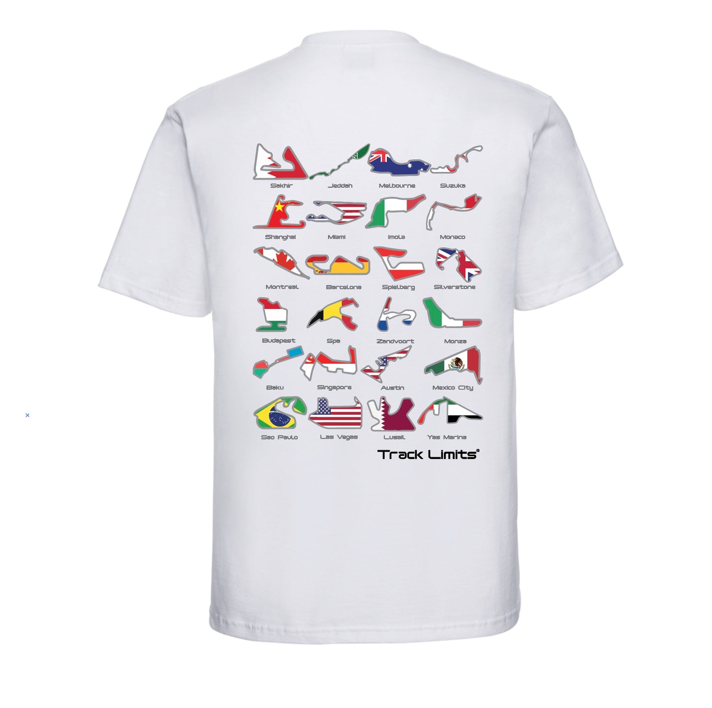 Track Limits T Shirt in white. On back all 2024 F1 Formula One racetrack circuits with country flags and names. Front Track Limits logo to left. Formula One Fans,Track Limits,Grand Prix. F1 2024 Circuits Country Flag. Track Limits clothing brand
