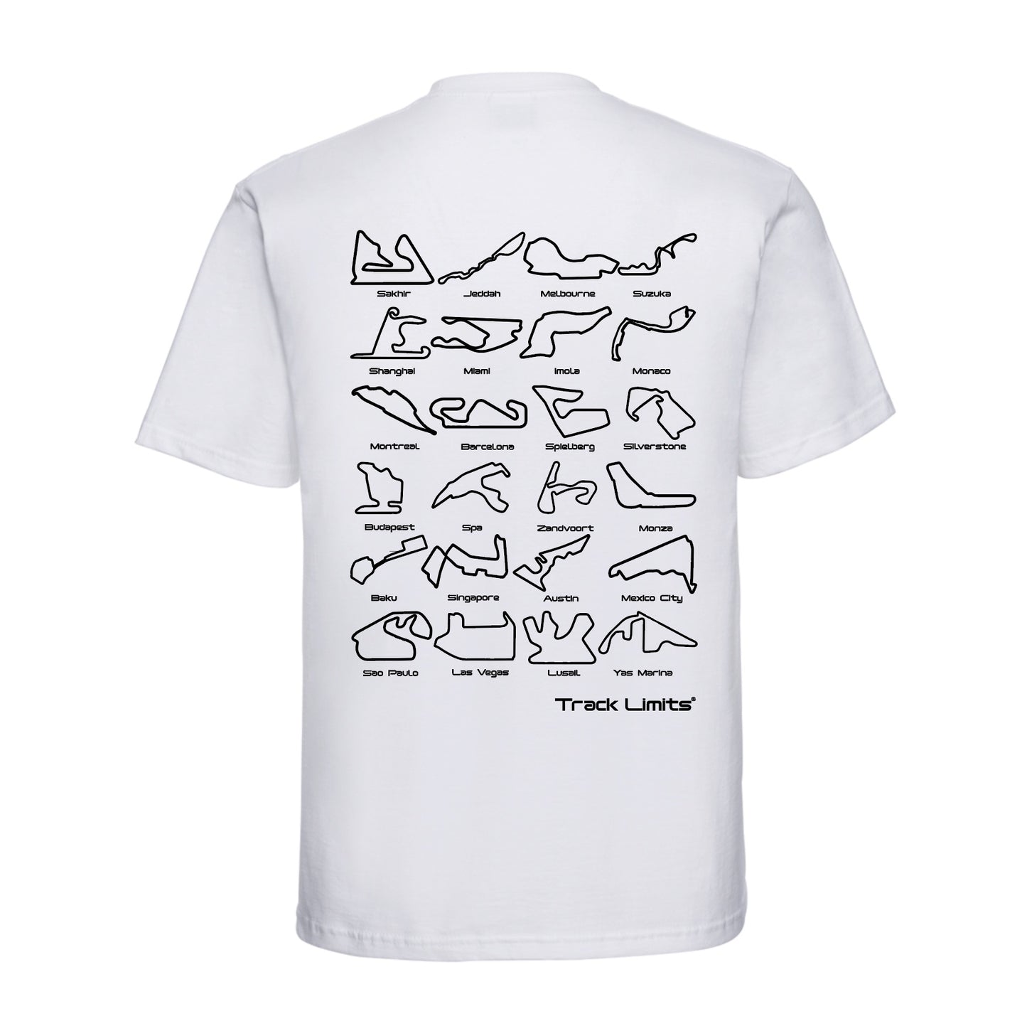 Track Limits T Shirt in white. On the back is a design featuring 2024 F1 Formula One racetrack circuits and the Track Limits Logo.Front has the Track Limits logo to the left. Formula One Fan,Track Limits, Grand Prix,  Fathers Day, Dad, F1 fan gift