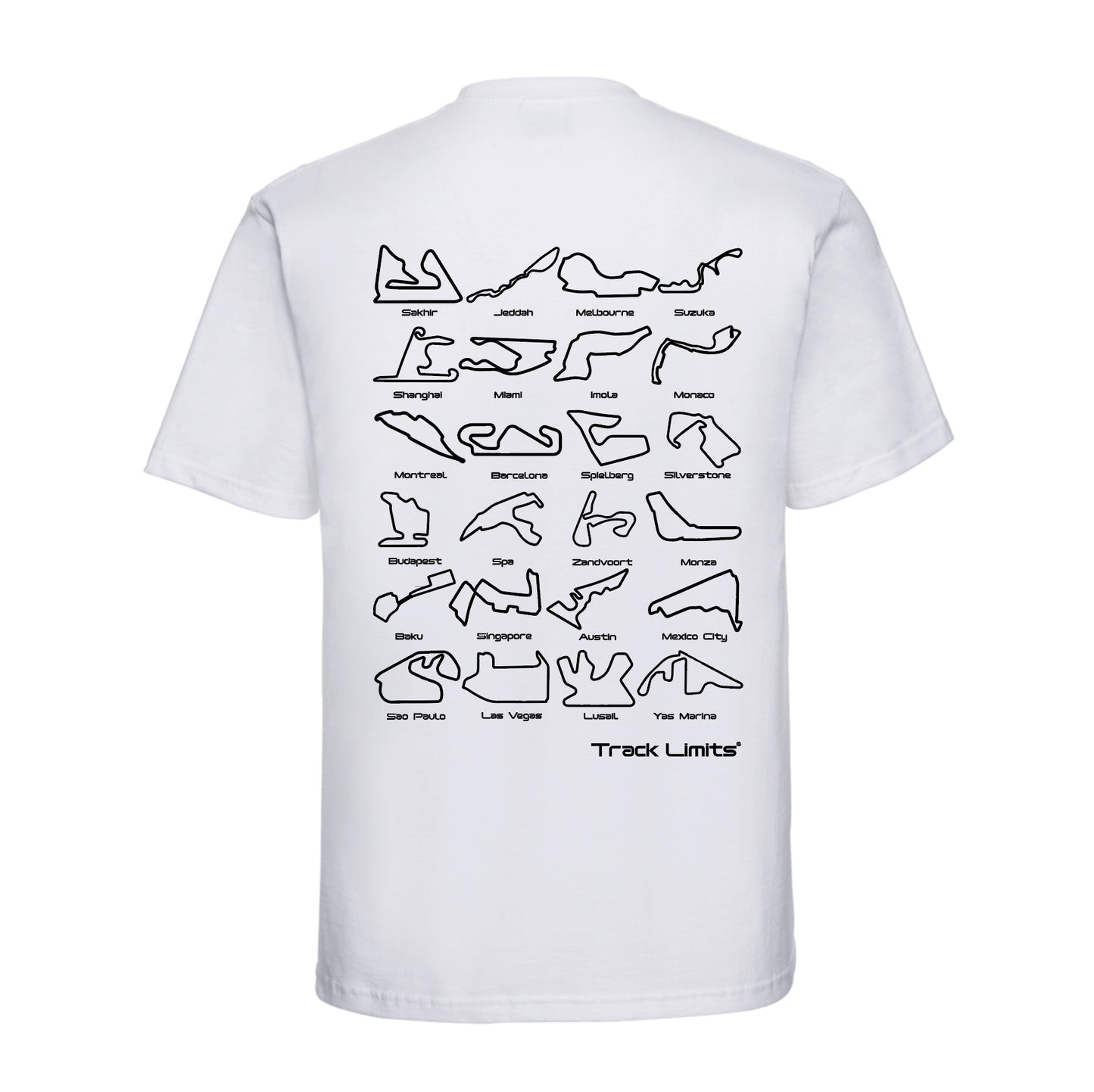 Track Limits T Shirt in white. On the back is a design featuring 2024 F1 Formula One racetrack circuits and the Track Limits Logo.Front has the Track Limits logo to the left. Formula One Fan,Track Limits, Grand Prix, Fathers Day, Dad, F1 fan gift