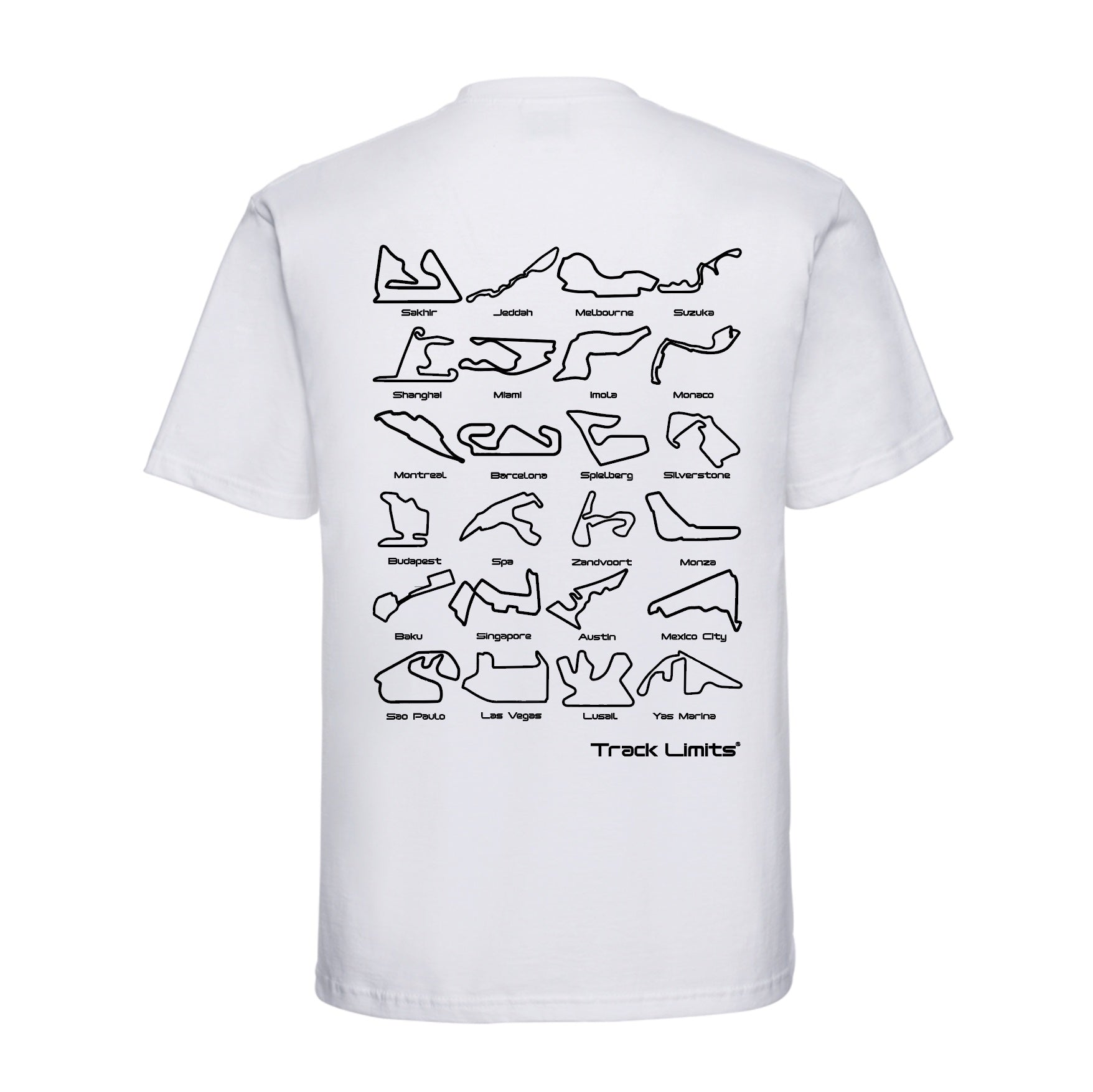 Track Limits T Shirt in white. On the back is a design featuring 2024 F1 Formula One racetrack circuits and the Track Limits Logo.Front has the Track Limits logo to the left. Formula One Fan,Track Limits, Grand Prix,  Fathers Day, Dad, F1 fan gift