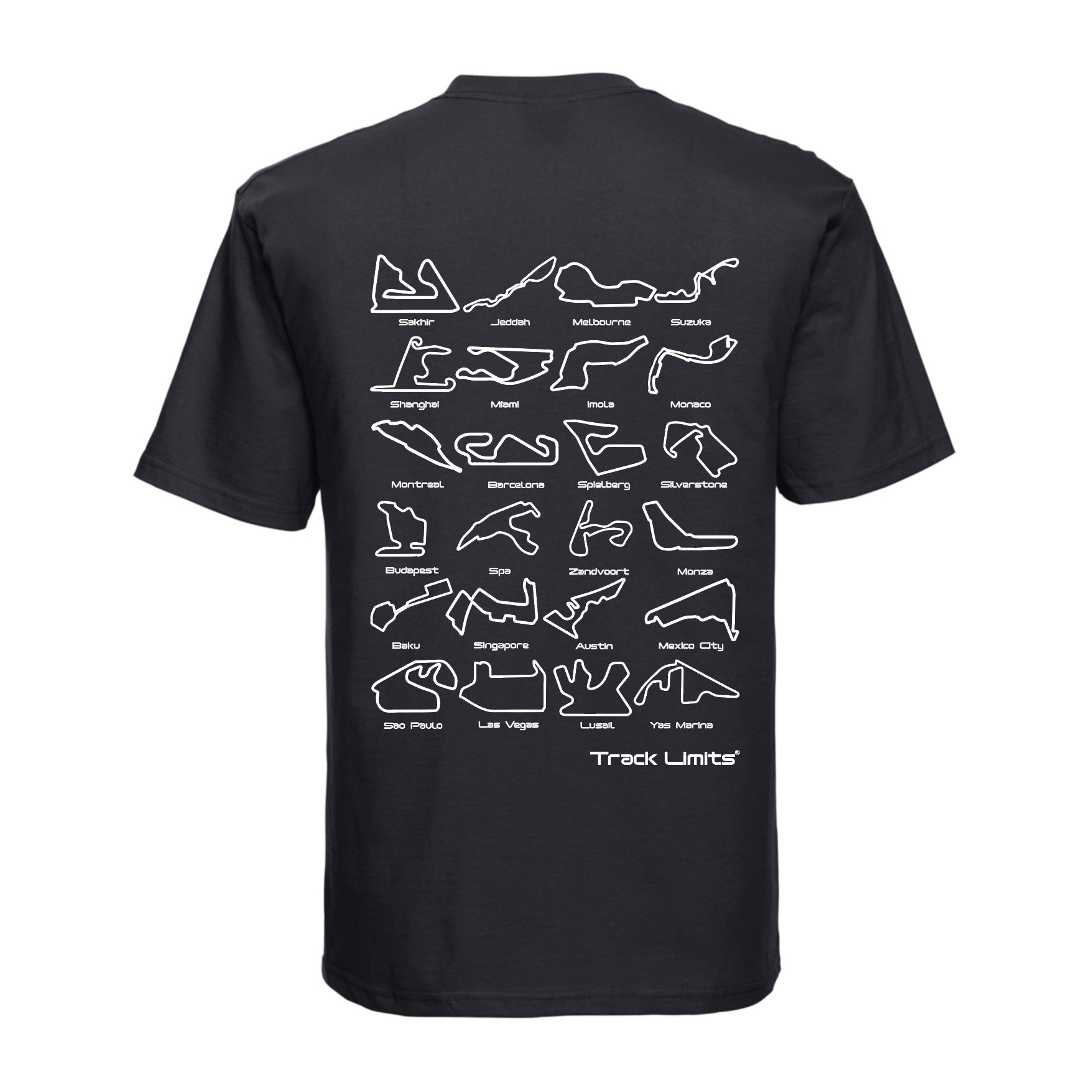 Track Limits T Shirt in black. On the back is a design featuring 2024 F1 Formula One racetrack circuits and the Track Limits Logo.Front has the Track Limits logo to the left. Formula One Fan,Track Limits, Grand Prix,  Fathers Day, Dad, F1 fan gift