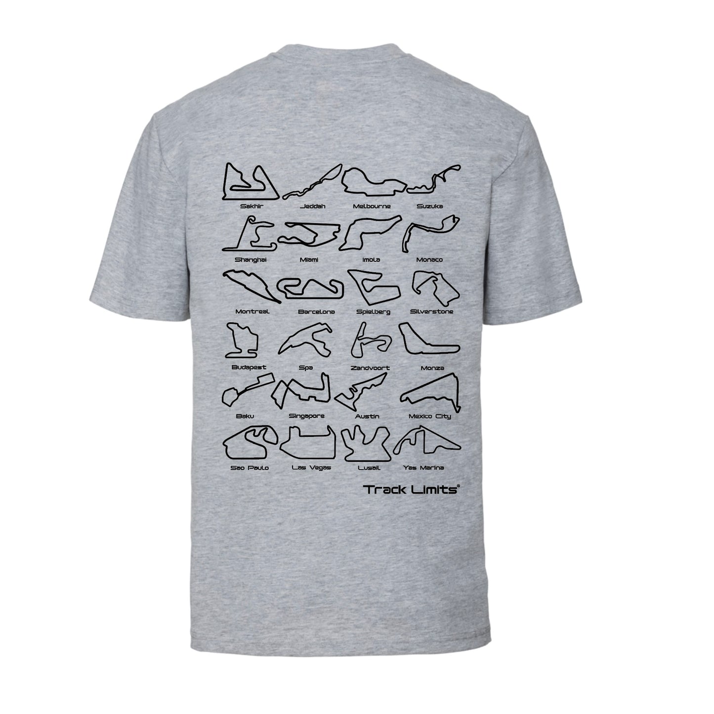Track Limits T Shirt in grey. On the back is a design featuring 2023 F1 Formula One racetrack circuits and the Track Limits Logo.Front has the Track Limits logo to the left. Formula One Fan,Track Limits, Grand Prix,  Fathers Day, Dad, F1 fan gift