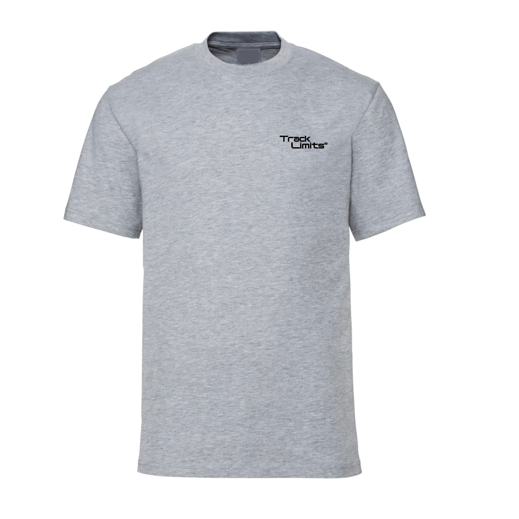 Track Limits T Shirt in grey. On the back is a design featuring 2024 F1 Formula One racetrack circuits and the Track Limits Logo.Front has the Track Limits logo to the left. Formula One Fan,Track Limits, Grand Prix,  Fathers Day, Dad, F1 fan gift