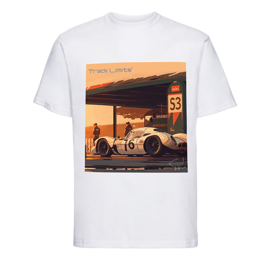 Wait at S3 T Shirt in White. Poster style artwork of fantasy sports car original artwork by Steve Lewis exclusive to Track Limits. Track Limits trademark sits above the artwork to the left