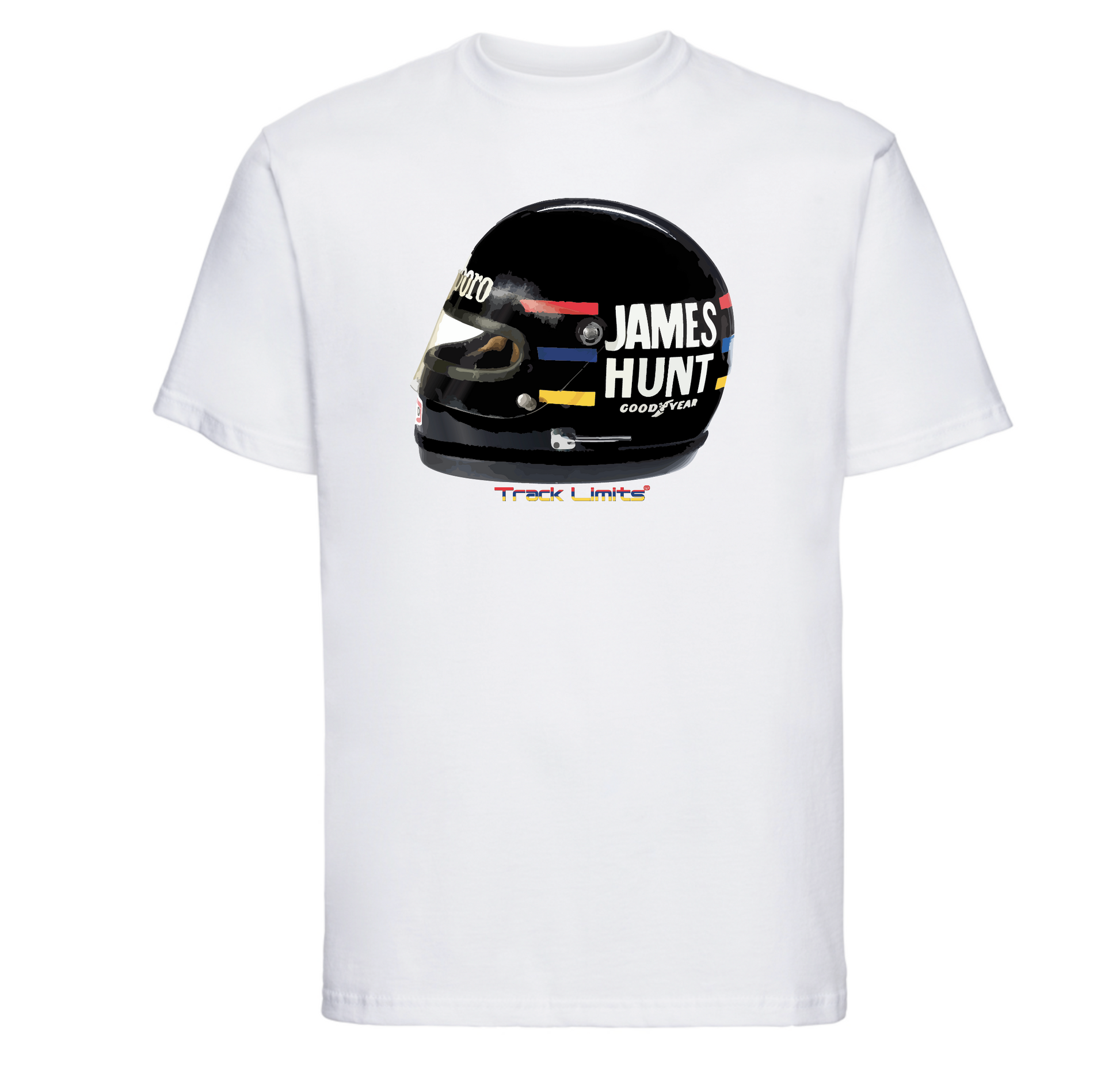 James Hunt T Shirt in White. Features original artwork of the iconic race helmet worn by James Hunt during his F1 1970s career. Track Limits trademark