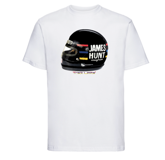 James Hunt T Shirt in White. Features original artwork of the iconic race helmet worn by James Hunt during his F1 1970s career. Track Limits trademark