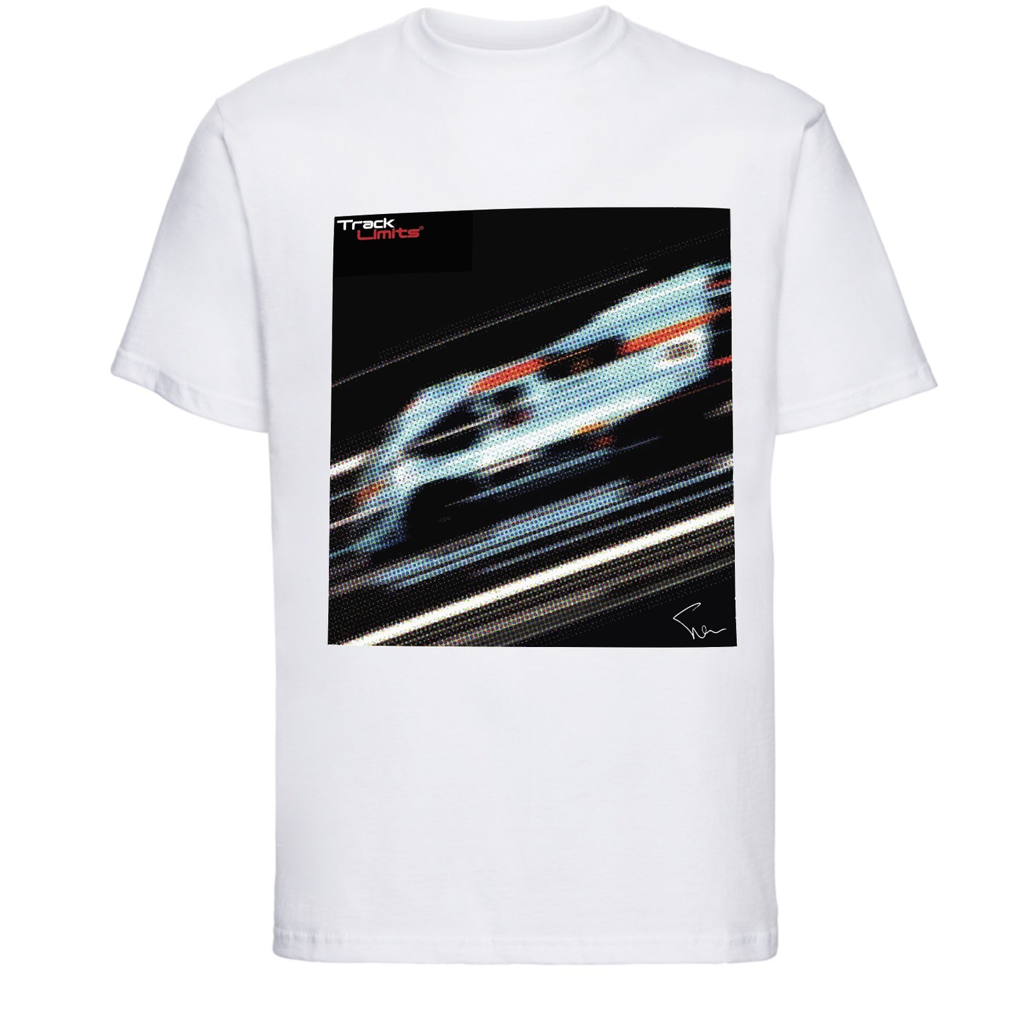 Le Mans 917 blurred image T Shirt in White. original artwork by Steve Lewis exclusive to Track Limits. Track Limits trademark sits above the artwork to the left. Motor Racing, Motor Sports, Le Mans 24 Hours, Gulf Porsche 917 car fan Dad gift