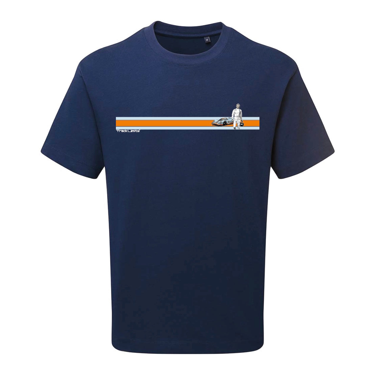 Steve McQueen T Shirt in Navy Blue. Features the Gulf stripe colours across the chest and to the left vintage style artwork inspired by the 1971 Steve McQueen Film Le Mans. Track Limits trademark sits below the gulf stripe to the left