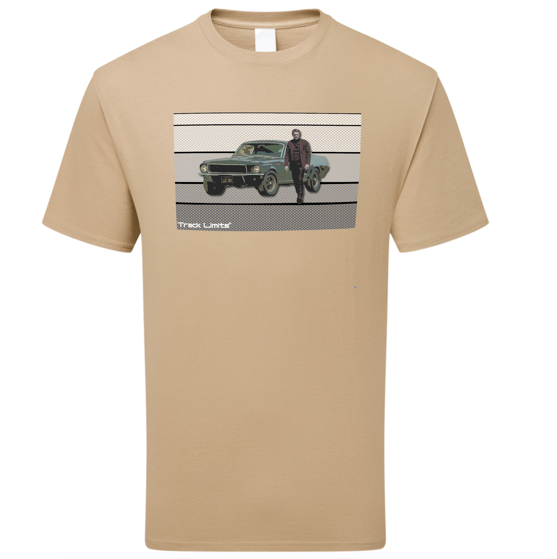 Steve McQueen T Shirt in Sand. Features artwork of Ford Mustang and Steve McQueen from the 1969 film Bullit.Track Limits trademark sits to the lower left of the design.