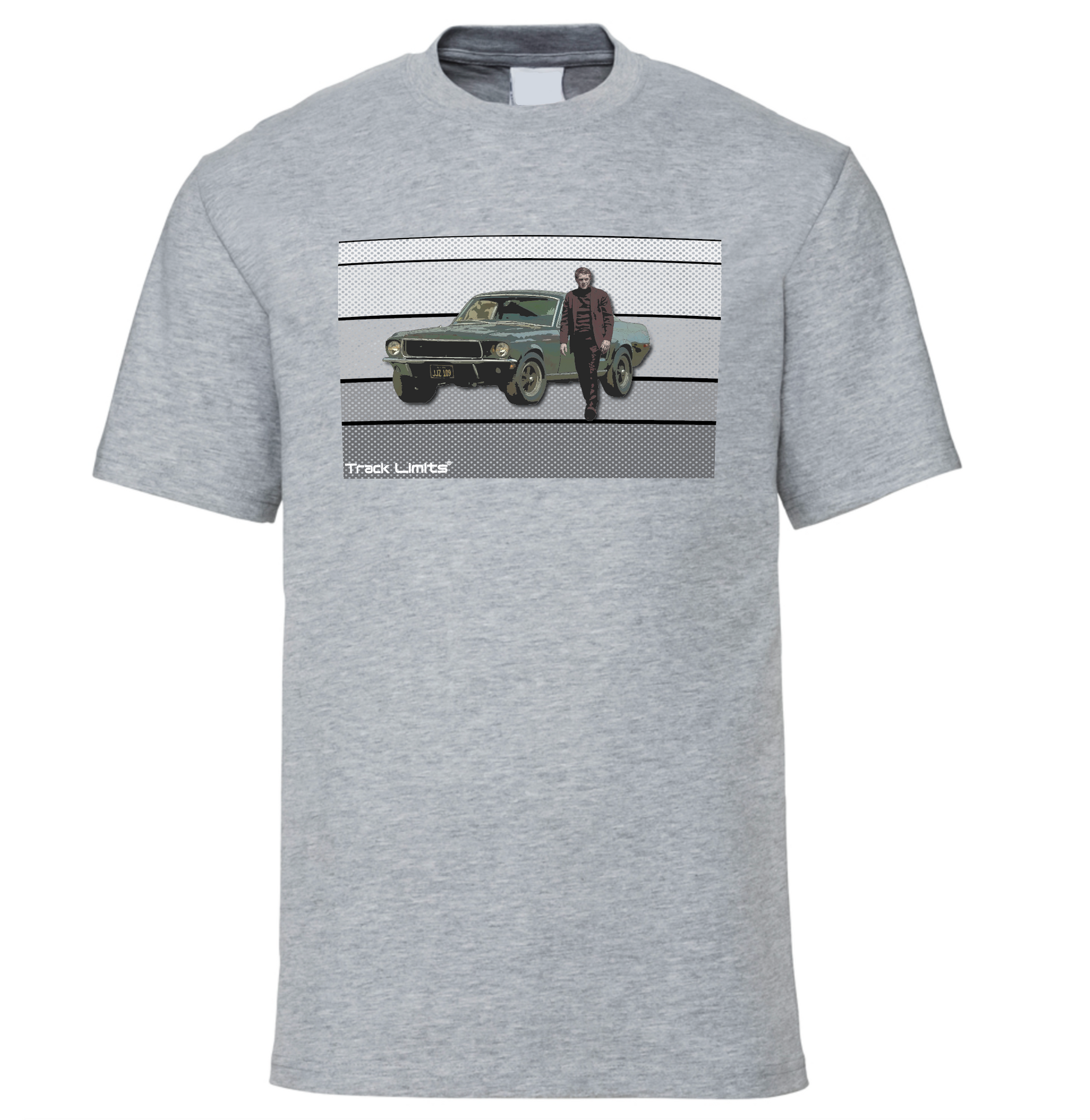 Steve McQueen T Shirt in Light Grey. Features artwork of Ford Mustang and Steve McQueen from the 1969 film Bullit.Track Limits trademark sits to the lower left of the design.