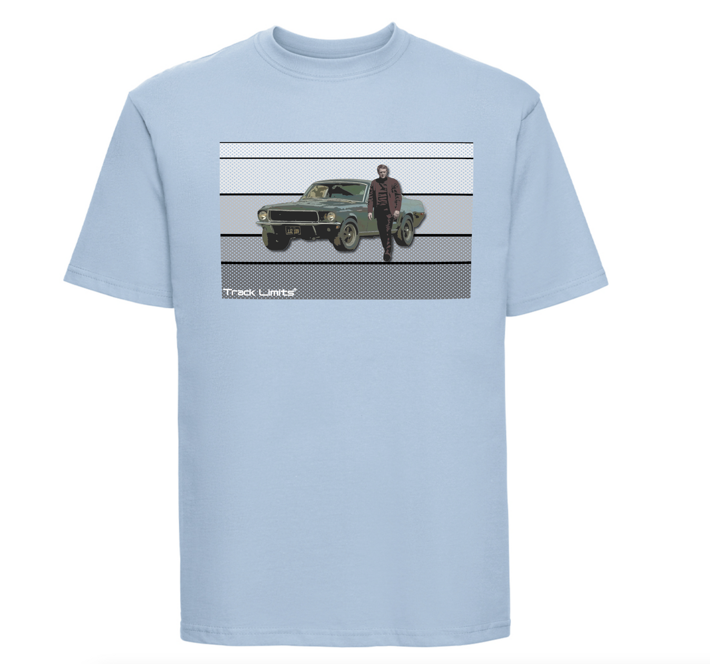 Steve McQueen T Shirt in Sky Blue. Features artwork of Ford Mustang and Steve McQueen from the 1969 film Bullit.Track Limits trademark sits to the lower left of the design.