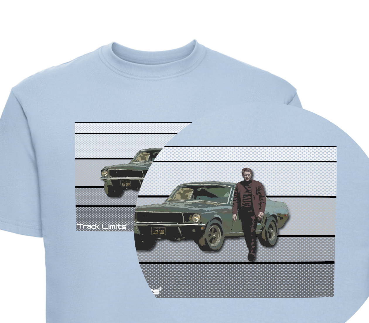 Steve McQueen T Shirt in Sky Blue. Features artwork of Ford Mustang and Steve McQueen from the 1969 film Bullit.Track Limits trademark sits to the lower left of the design.