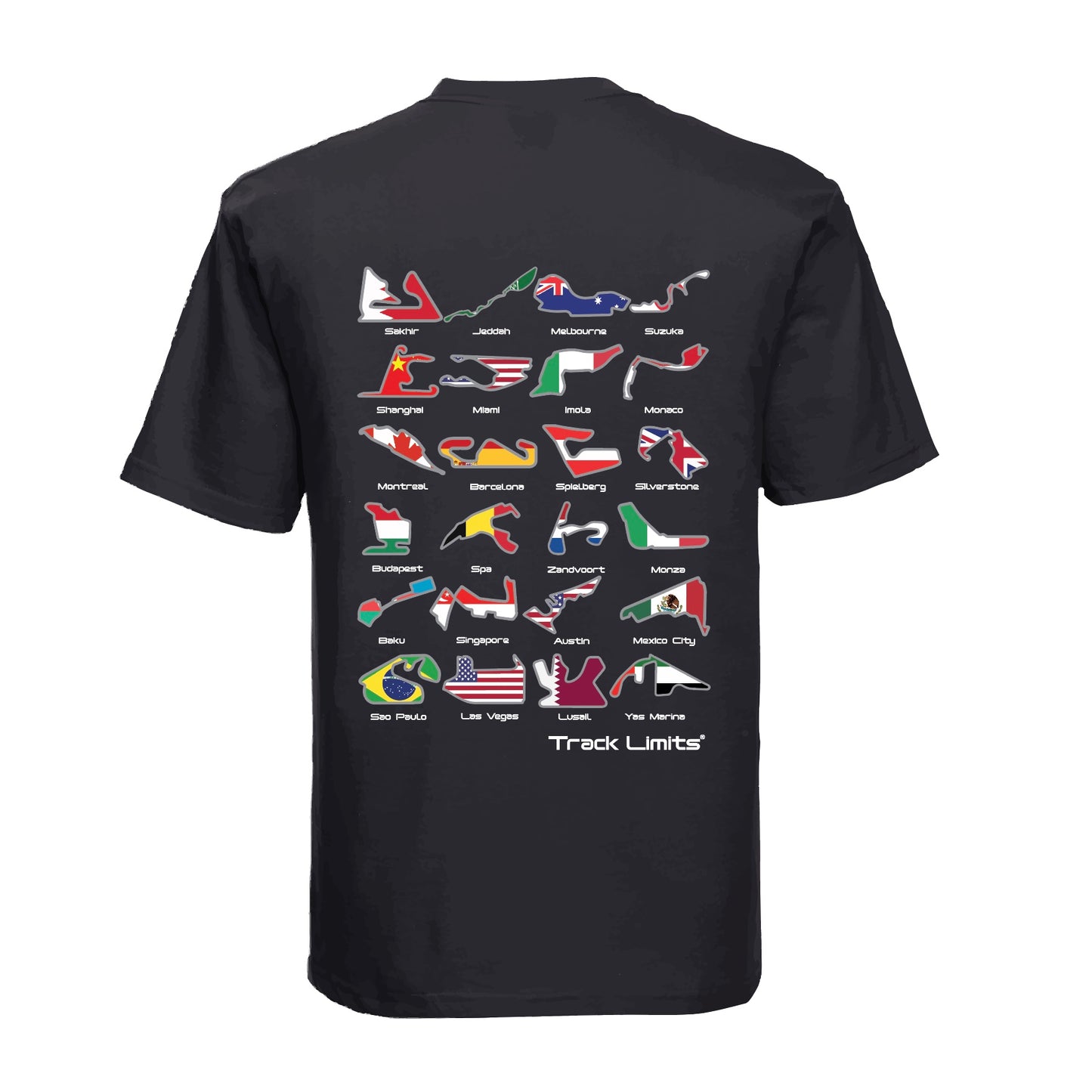 Track Limits T Shirt in black. On back all 2024 F1 Formula One racetrack circuits with country flags and names. Front Track Limits logo to left. Formula One Fans,Track Limits,Grand Prix. F1 2024 Circuits Country Flag. Track Limits clothing brand