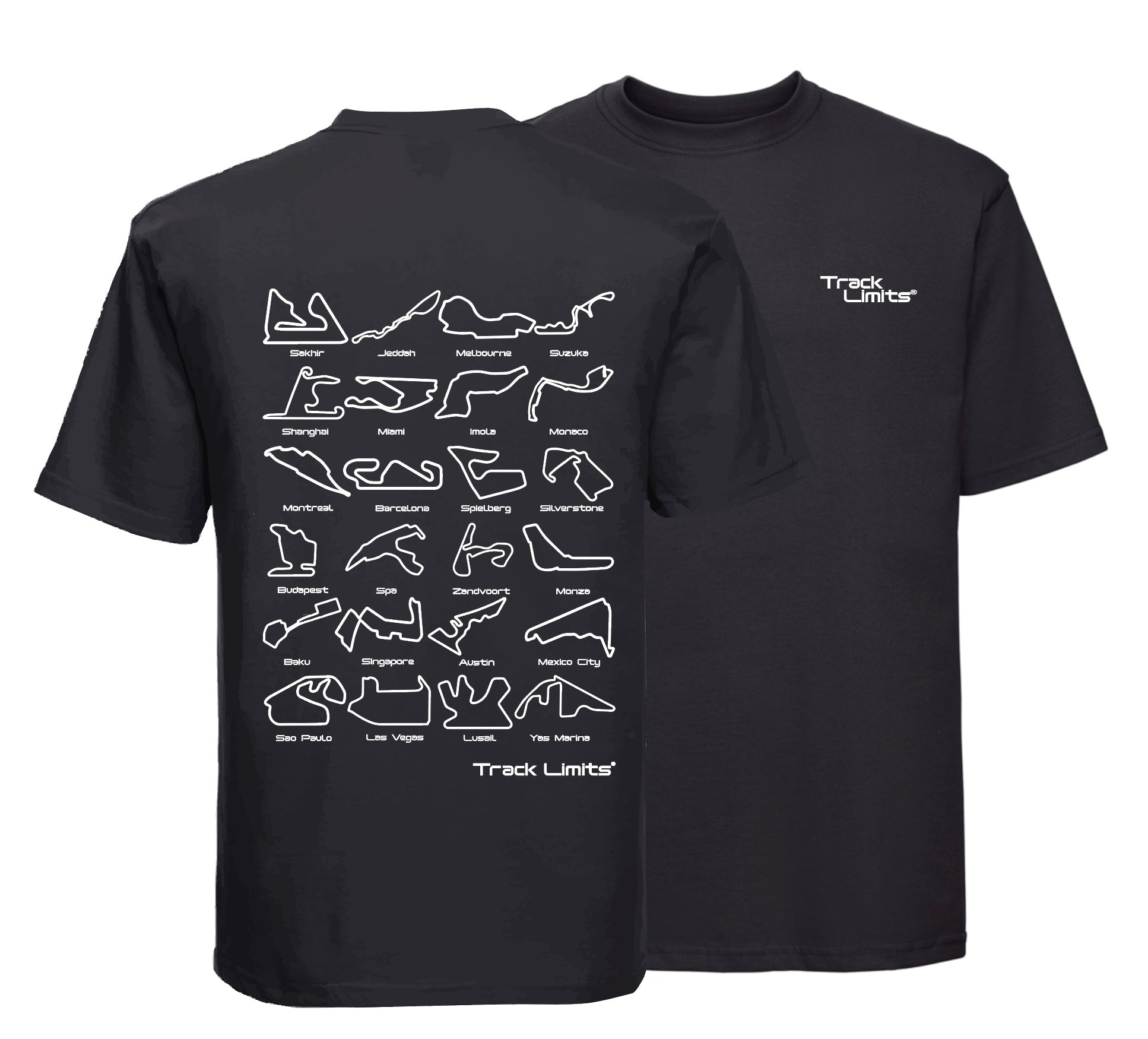 Track Limits T Shirt in black. On the back is a design featuring 2024 F1 Formula One racetrack circuits and the Track Limits Logo.Front has the Track Limits logo to the left. Formula One Fan,Track Limits, Grand Prix,  Fathers Day, Dad, F1 fan gift