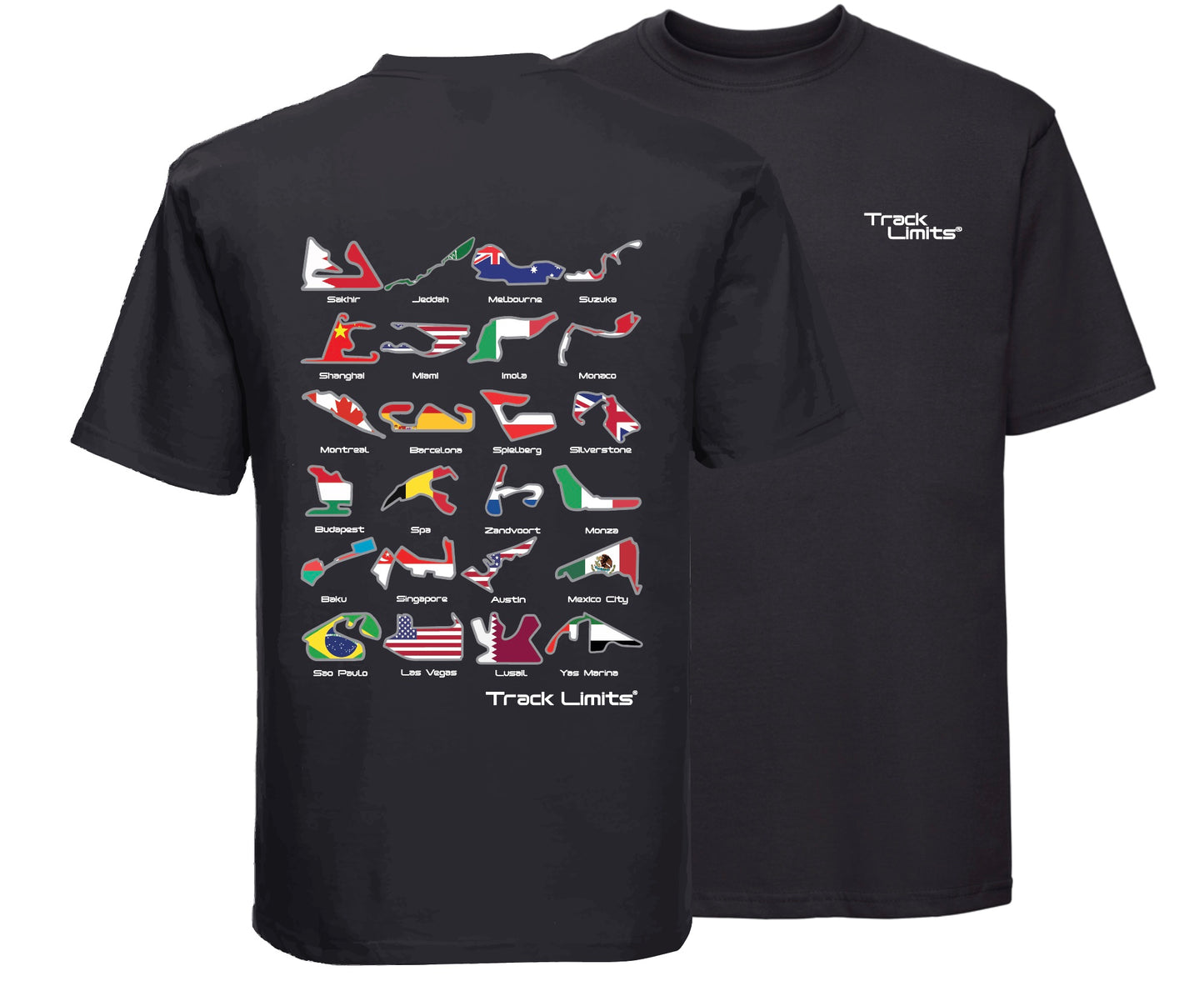 Track Limits T Shirt in black. On back all 2024 F1 Formula One racetrack circuits with country flags and names. Front Track Limits logo to left. Formula One Fans,Track Limits,Grand Prix. F1 2024 Circuits Country Flag. Track Limits clothing brand