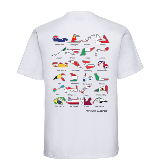 Track Limits T Shirt in white On back all 2025 F1 Formula One racetrack circuits with country flags and names. Front Track Limits logo to left. Formula One Fans,Track Limits,Grand Prix. F1 2025 Circuits Country Flag. Track Limits clothing brand