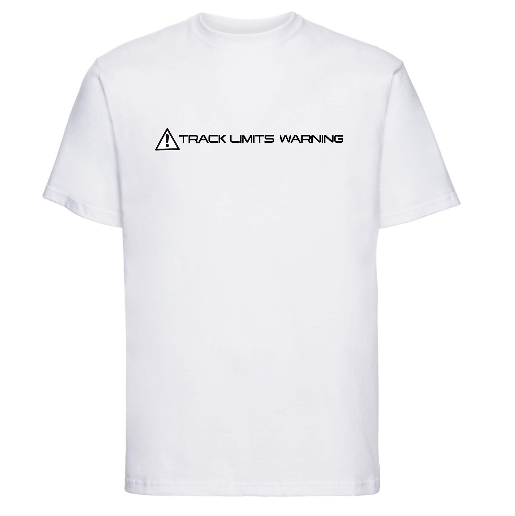 Track Limits T Shirt in white Track Limits Warning design across the chest.  Track Limits logo to the right sleeve. Moto GP Fans Formula One Fans,Track Limits,Grand Prix. Track Limits clothing brand